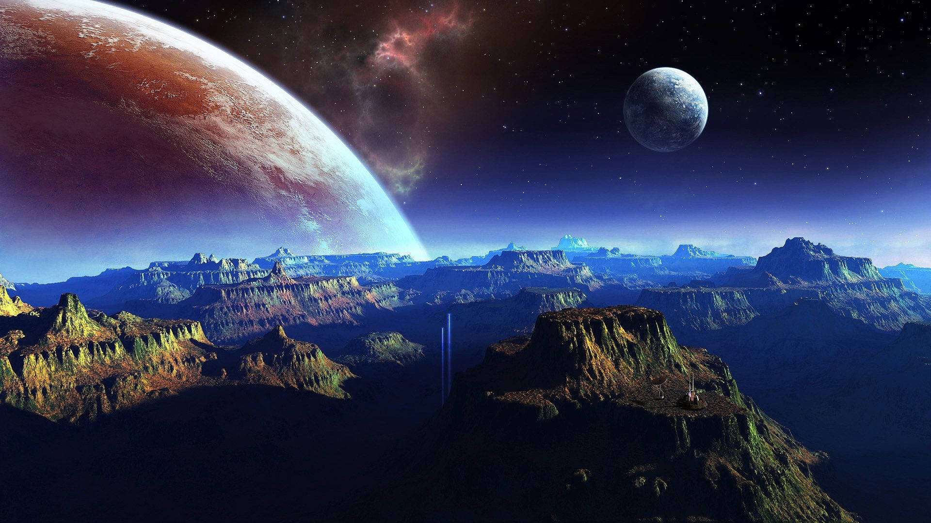 Mountains Over Two Planets Background