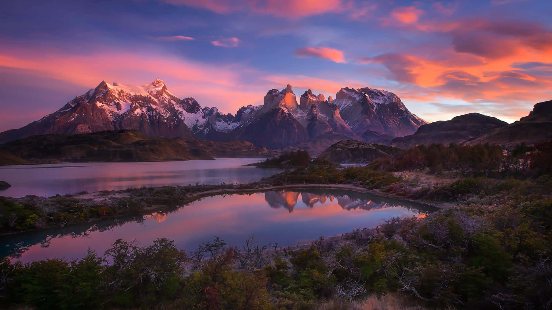 Mountains Sunset Pink And Blue Background