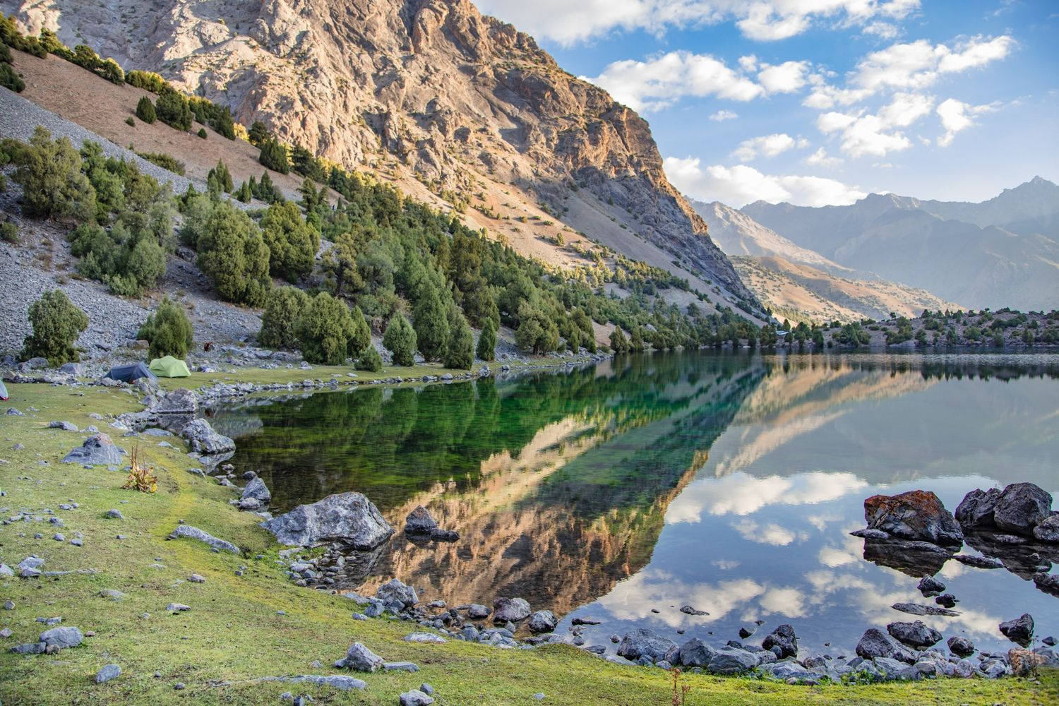 Mountains Trees Lake In Tajikistan Background