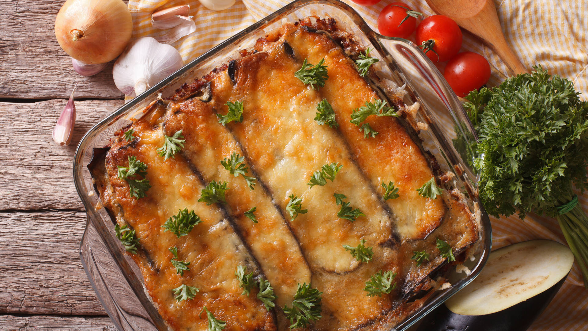 Moussaka Sprinkled With Parsley Background