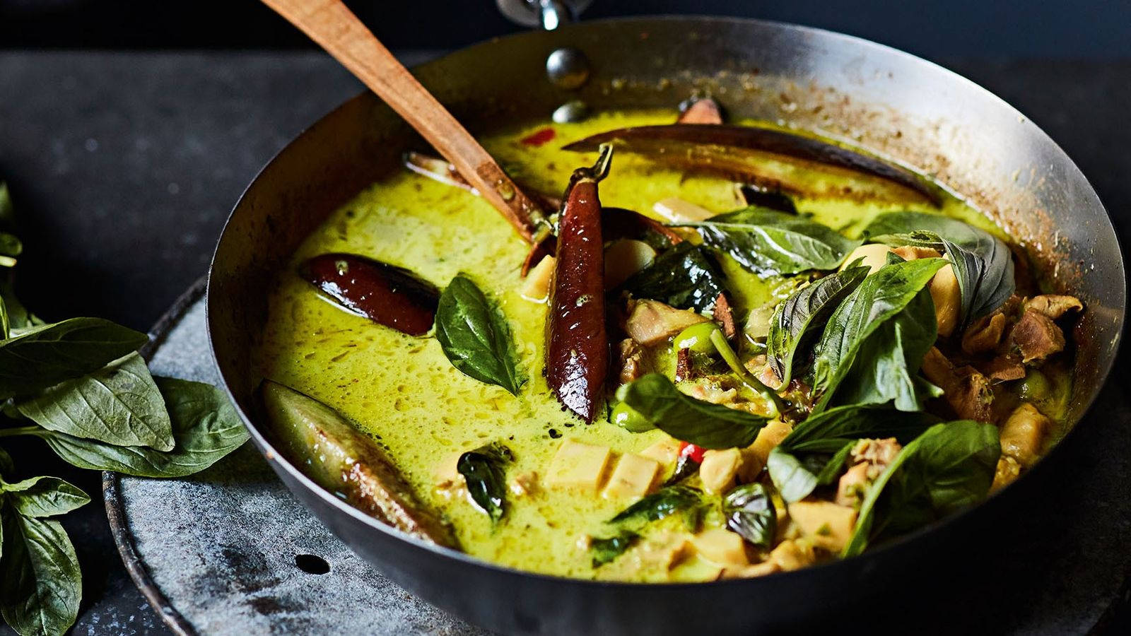 Mouthwatering Green Thai Curry With Eggplants Background