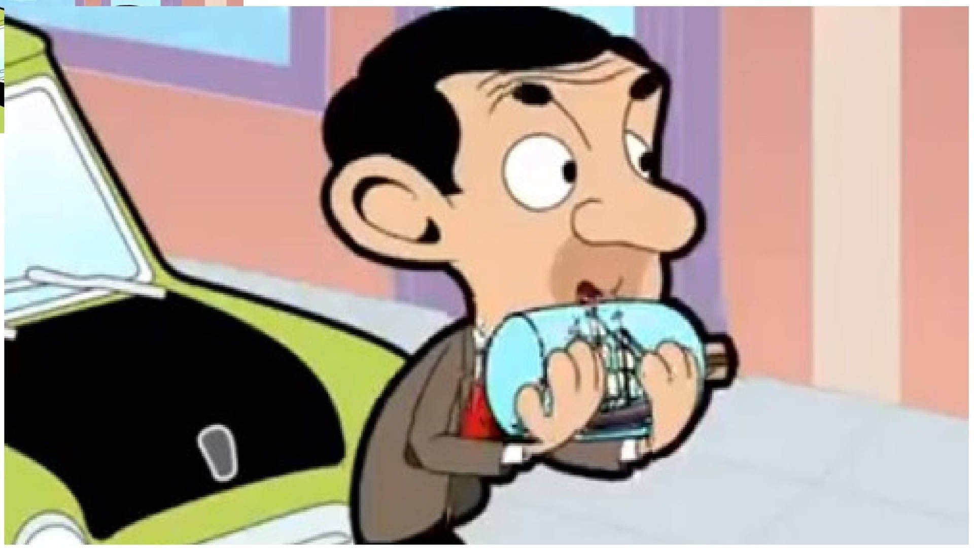 Mr Bean Cartoon Holding Glass Ship Background