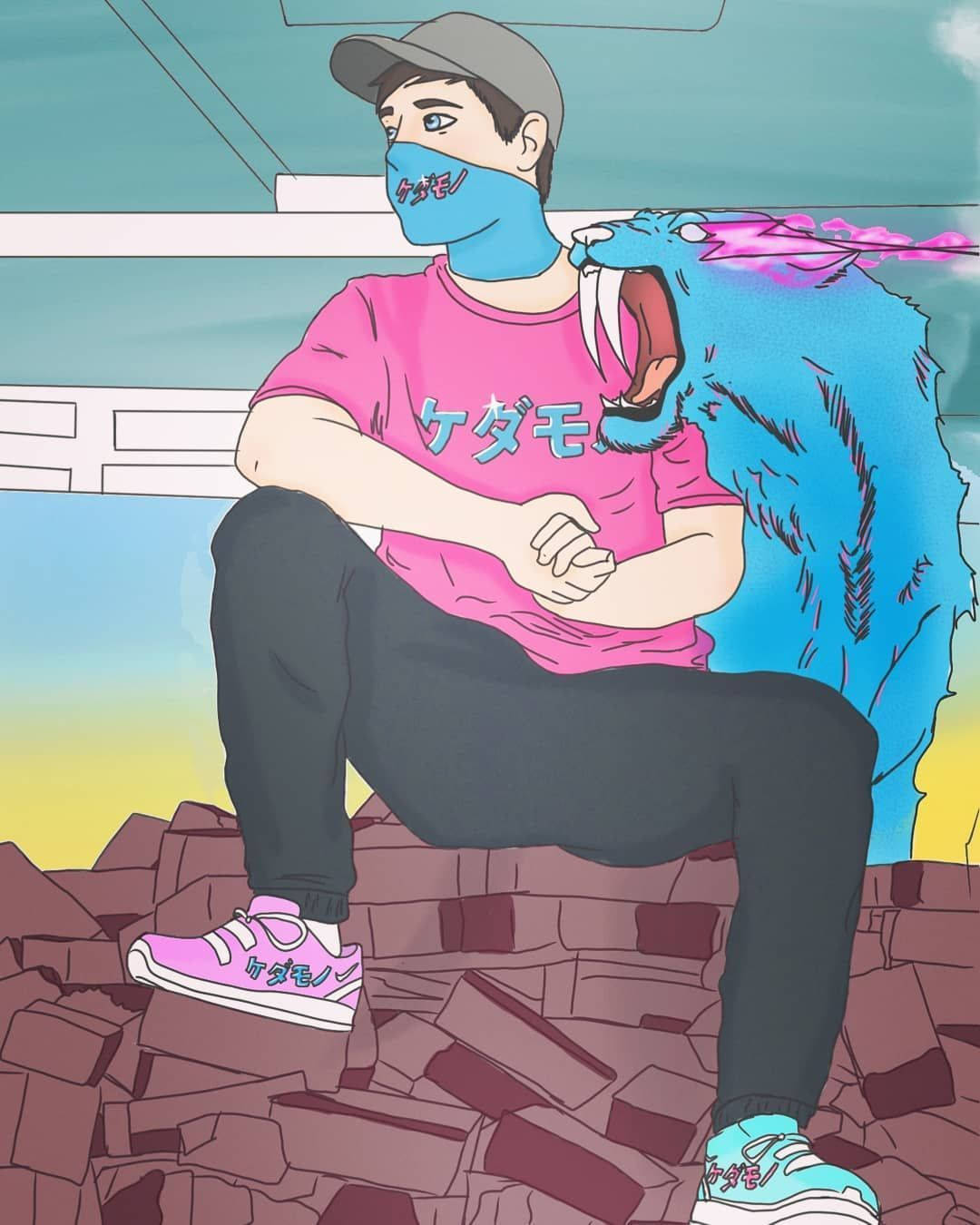 Mr Beast Next To Blue Tiger Background