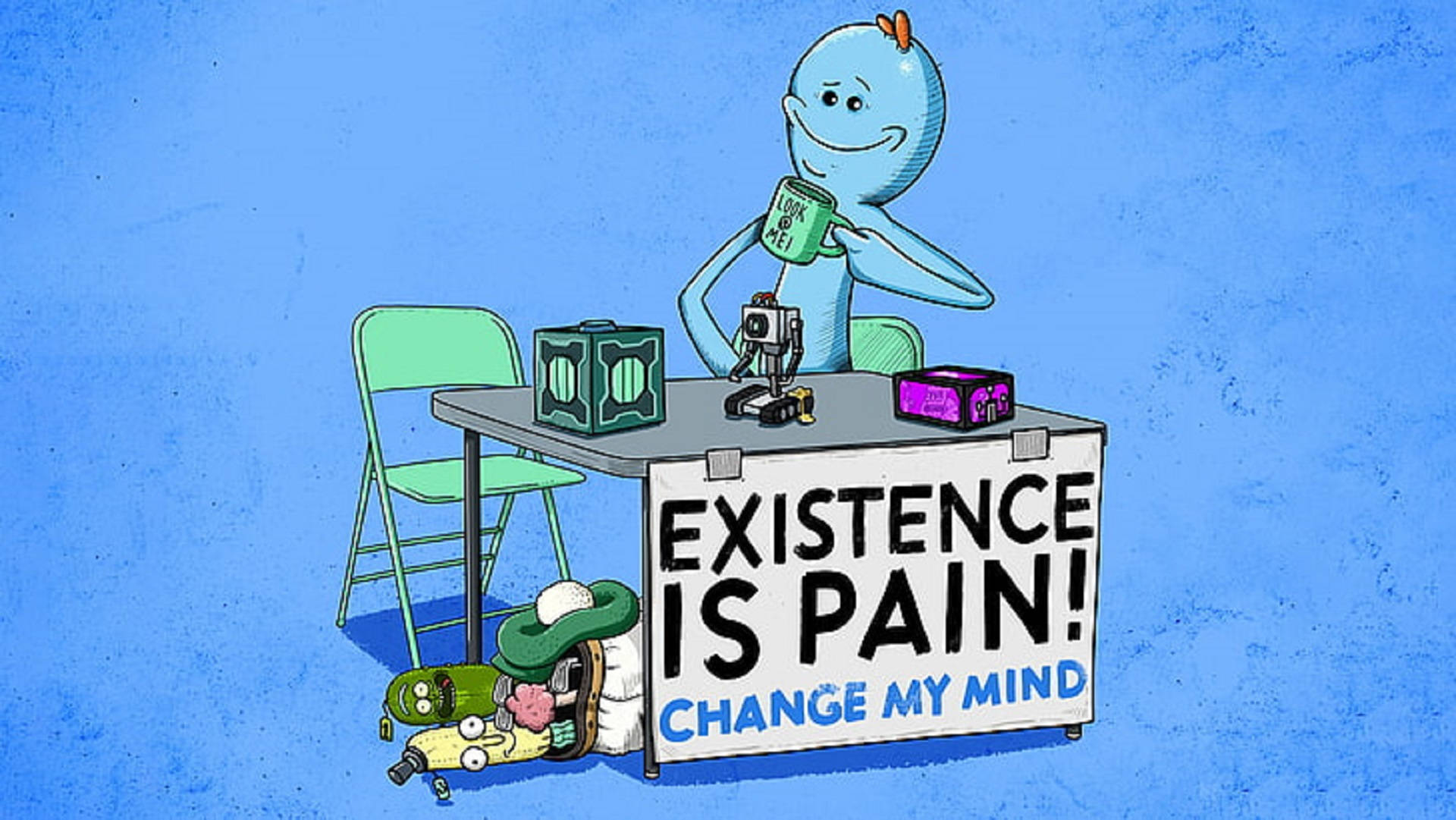 Mr. Meeseeks Smiling On A Table Background