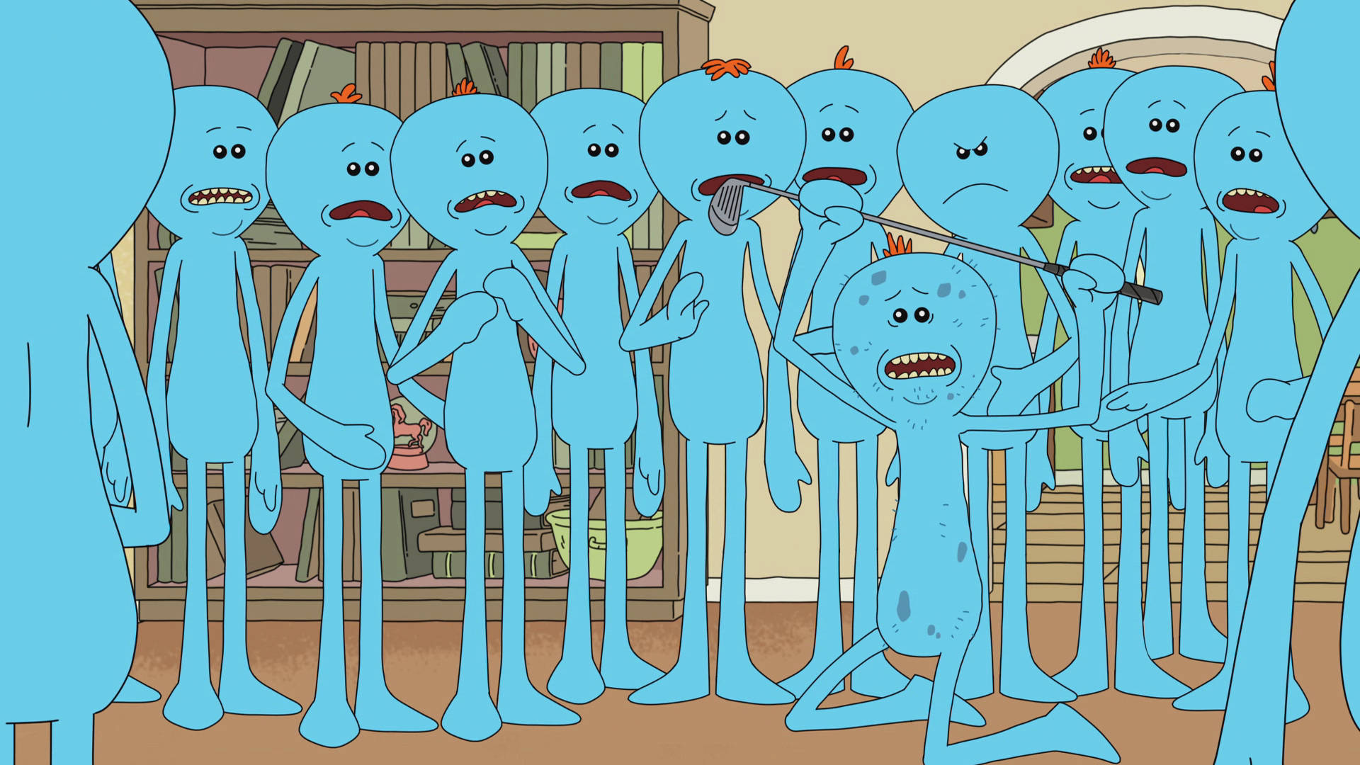 Mr Meeseeks With A Golf Club Background