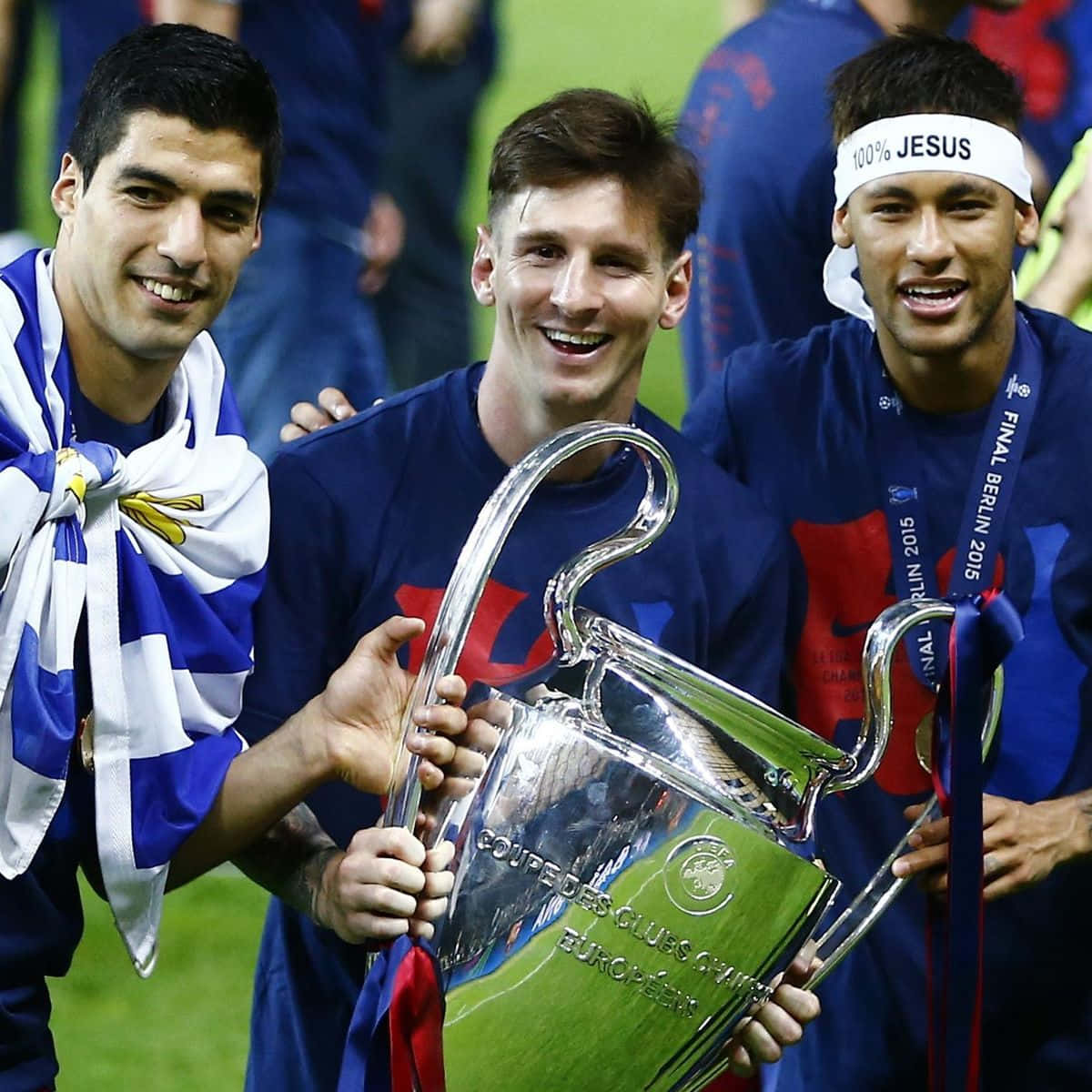 Msn Trio Smiling With Ucl Trophy Background