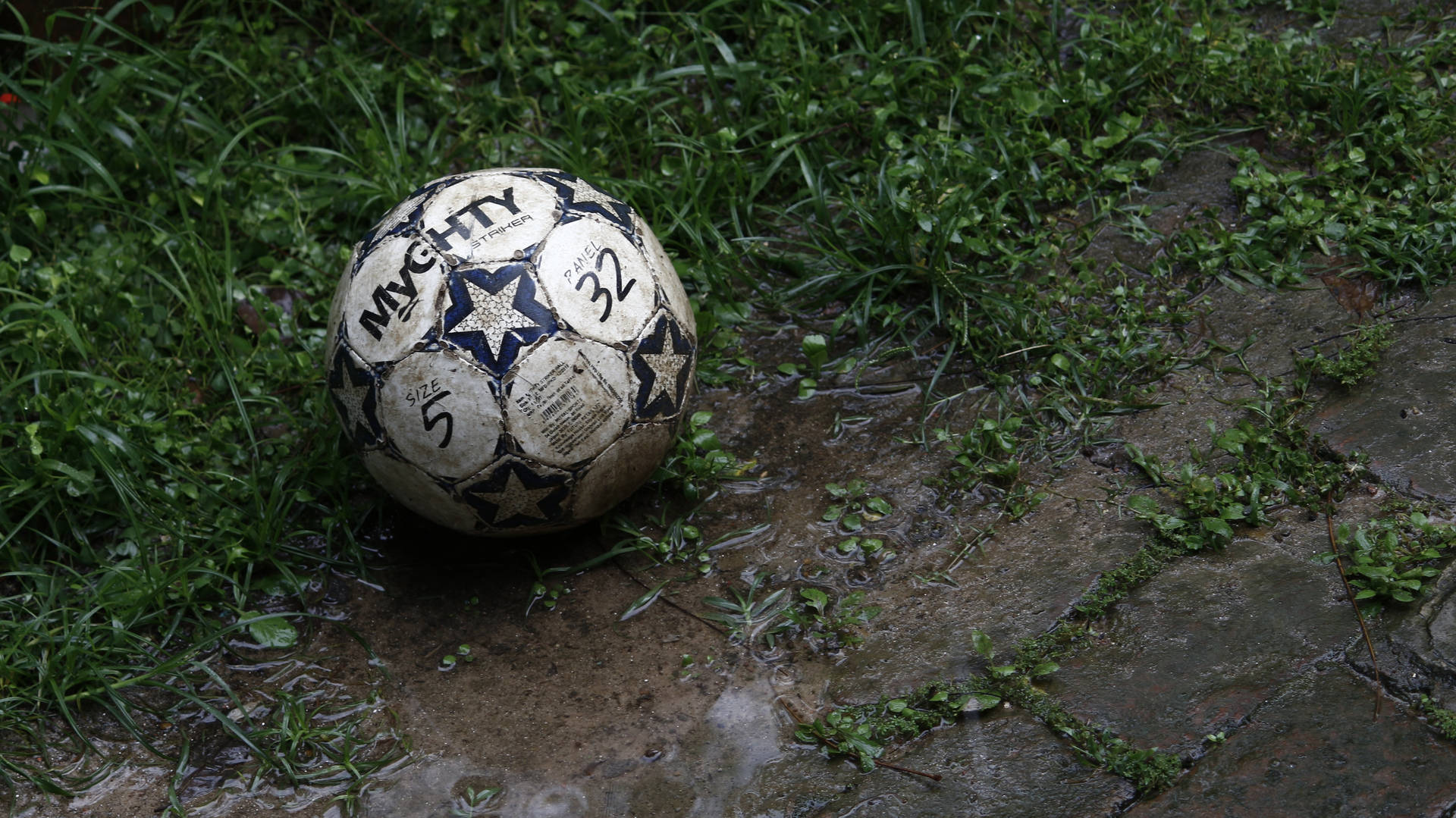 Muddy Football In Grass Background
