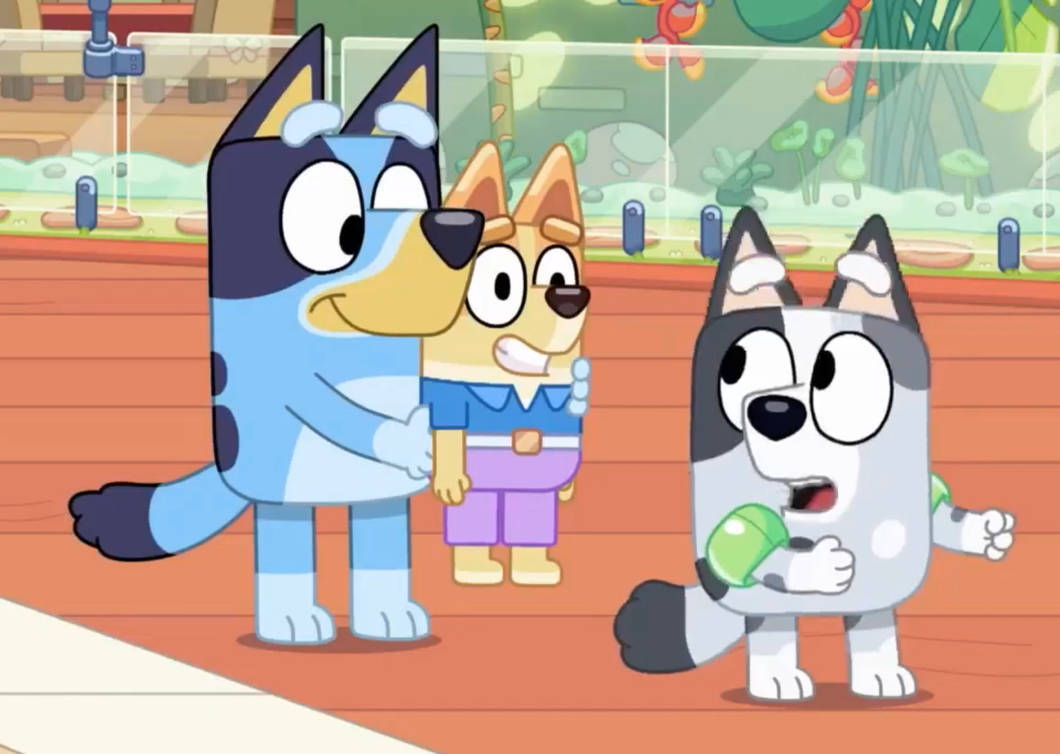 Muffin, Bandit, And Bartleby Bluey Cartoon Background