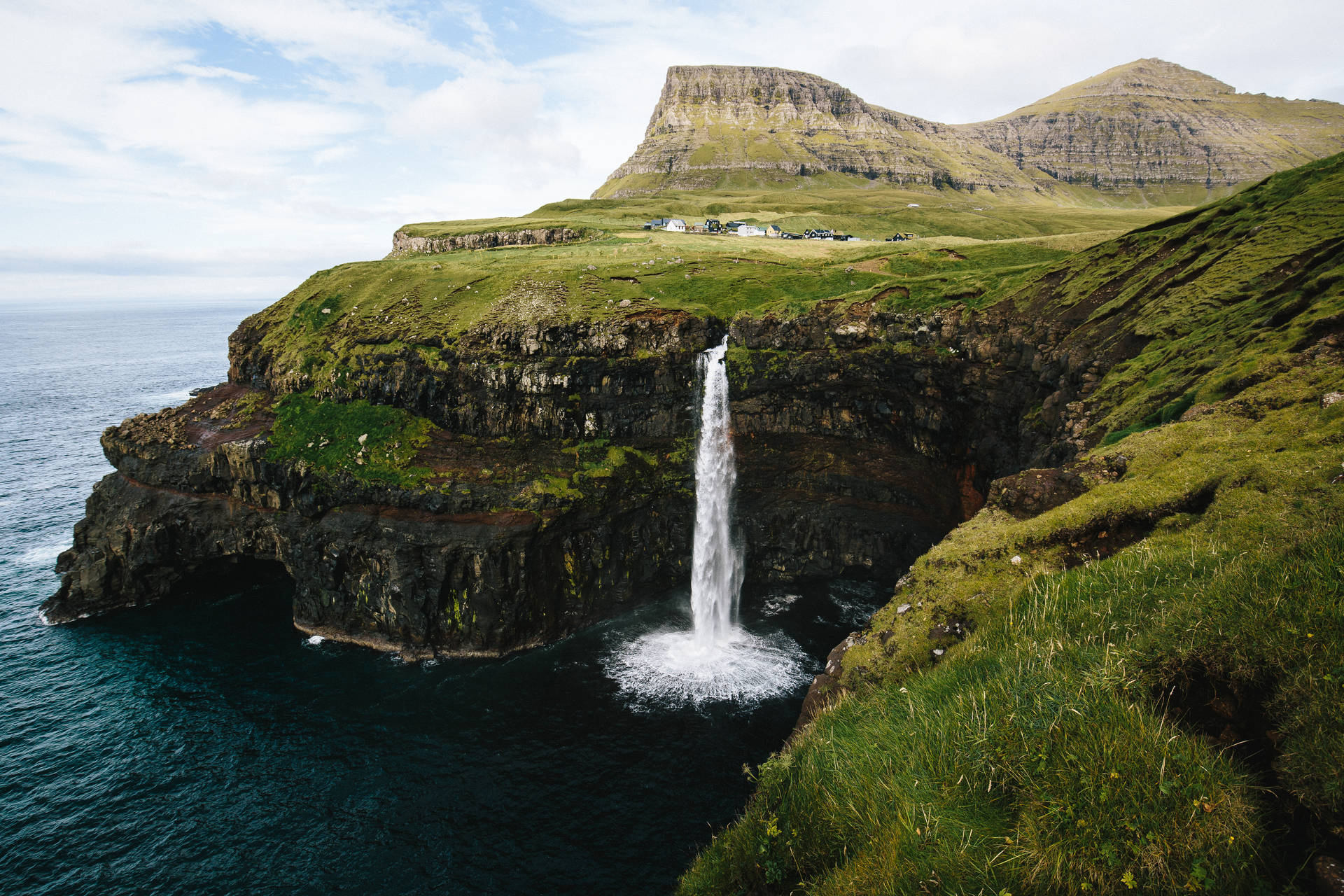 Mulafossur Waterfalls In Faroe Islands Background