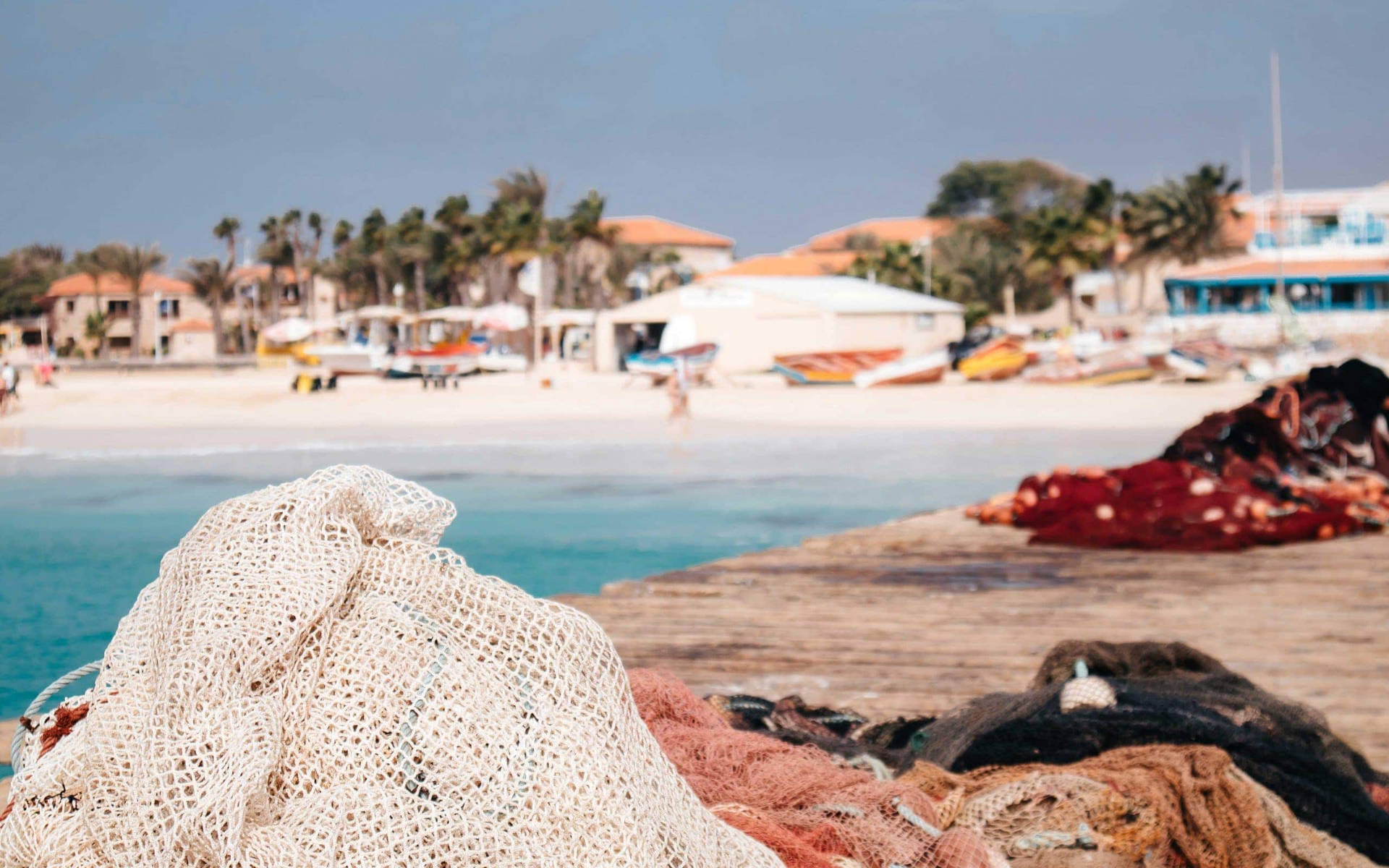 Multicolored Nets In Cape Verde Beach Background