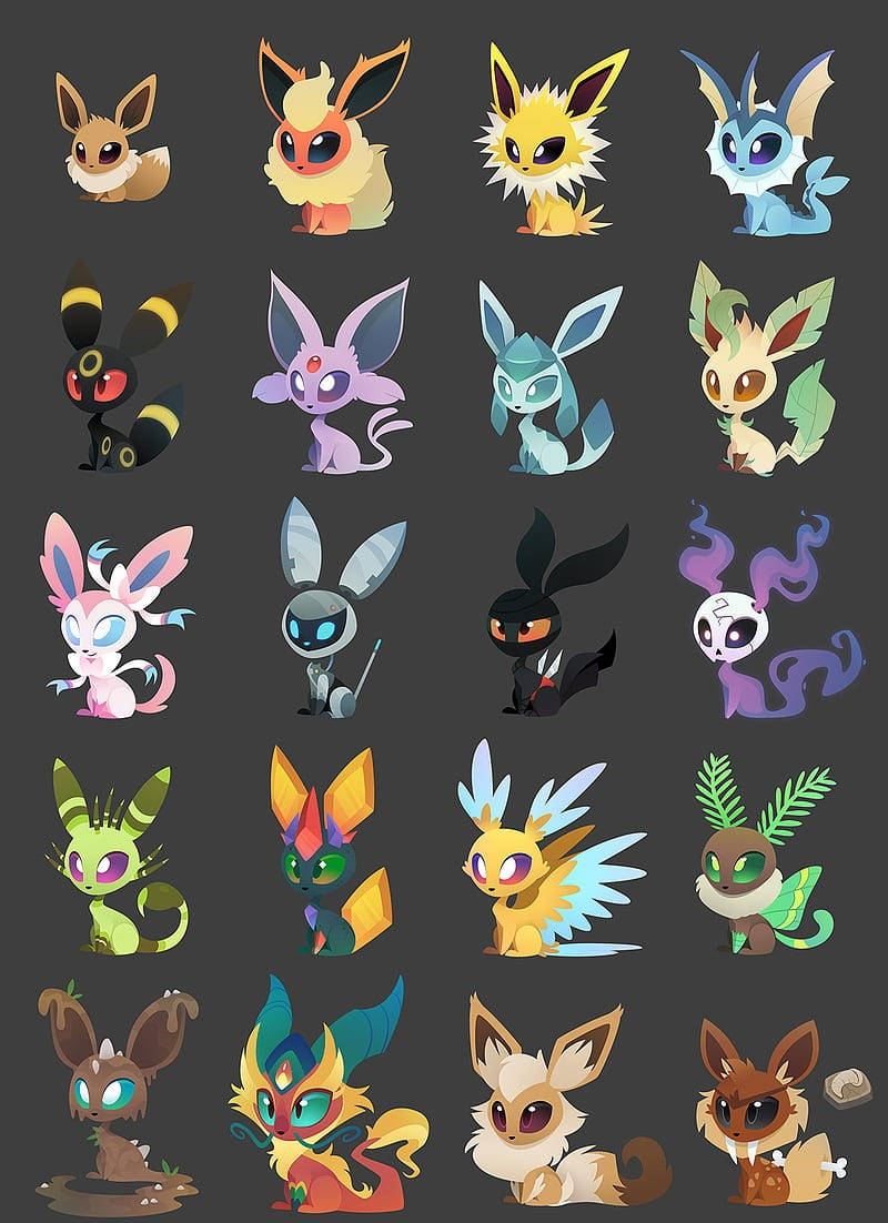 Multiple Cute Eeveelutions Gray Background