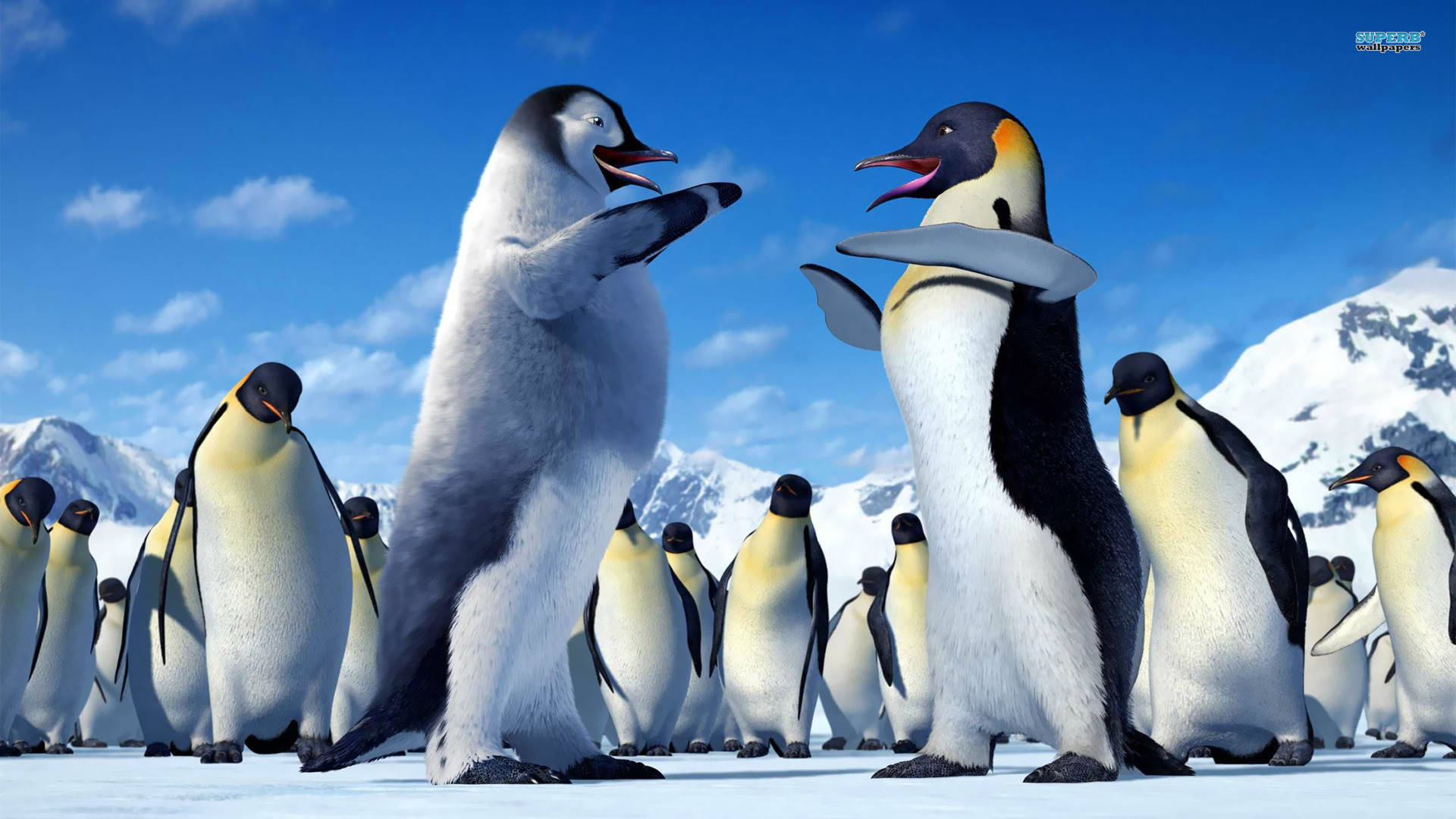 Mumble And Gloria Dancing Joyously - A Scene From Happy Feet Background