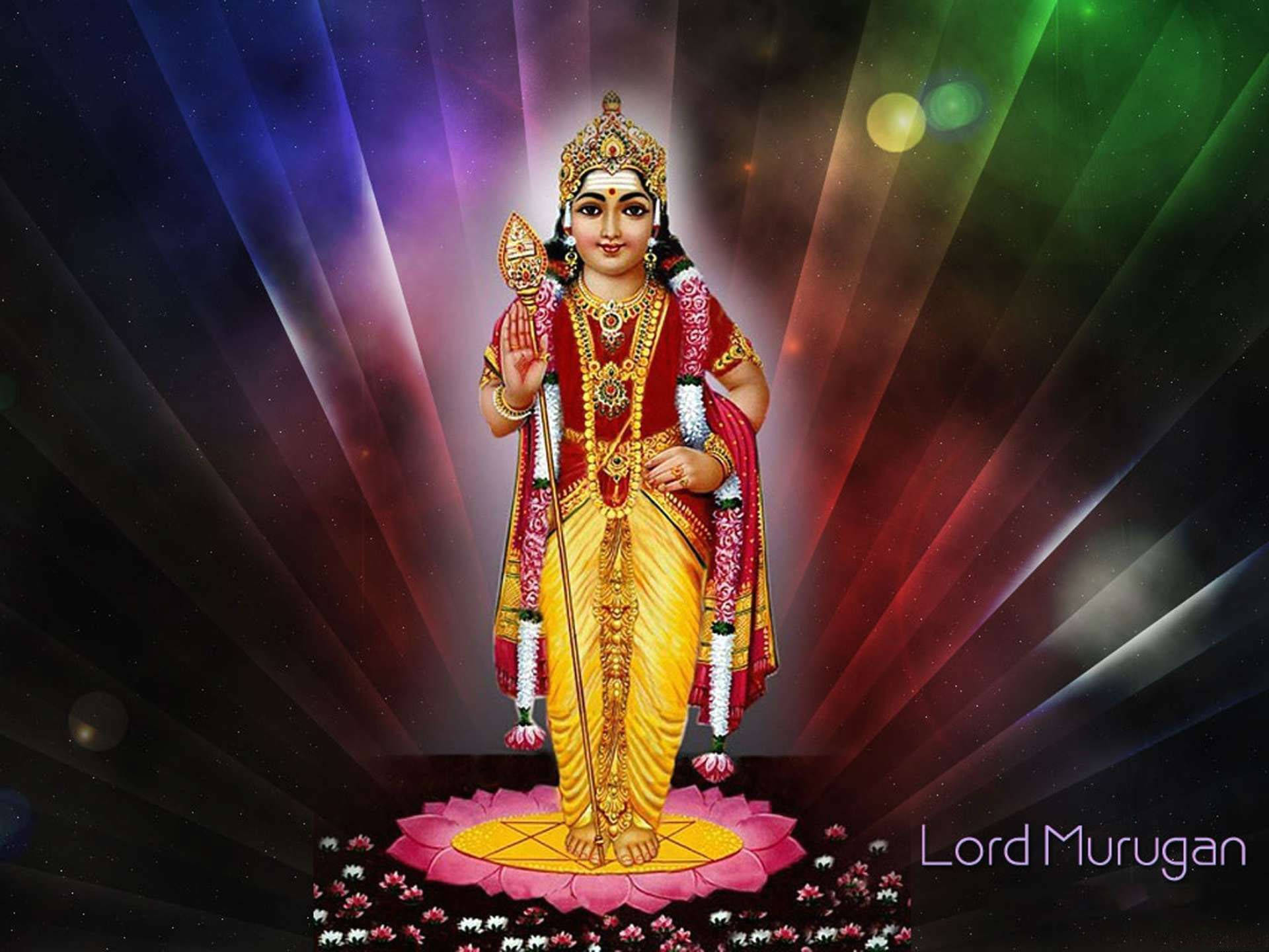 Murugan On Lotus With Rainbow Lights Background