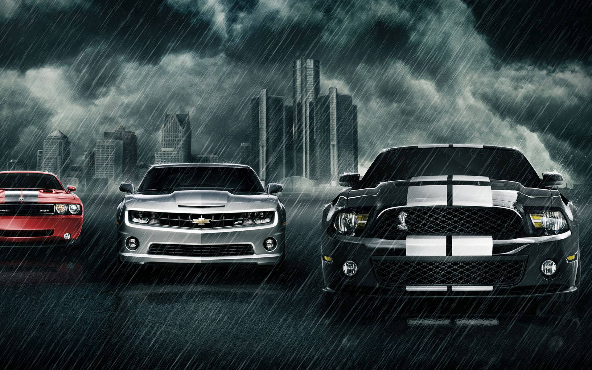 Muscle Car Under The Rain Background