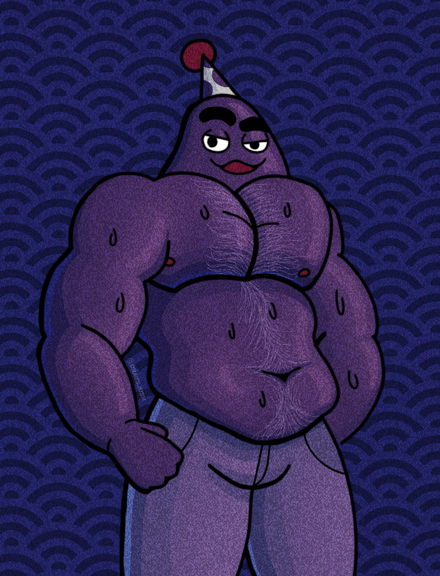 Muscled_ Animated_ Character_with_ Party_ Hat Background