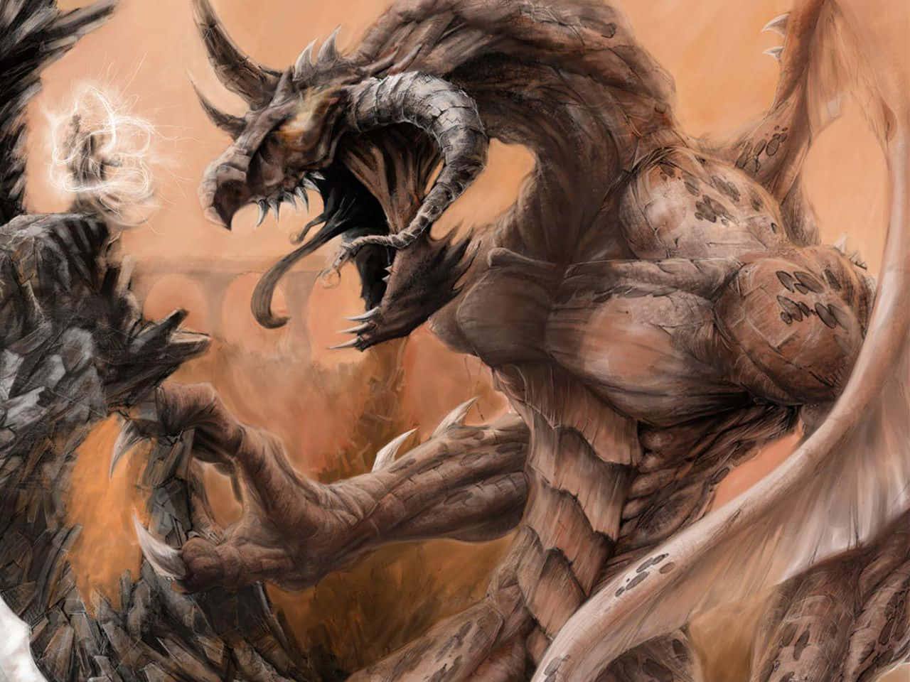 Muscular Scary Dragon Staring At Wizard Background