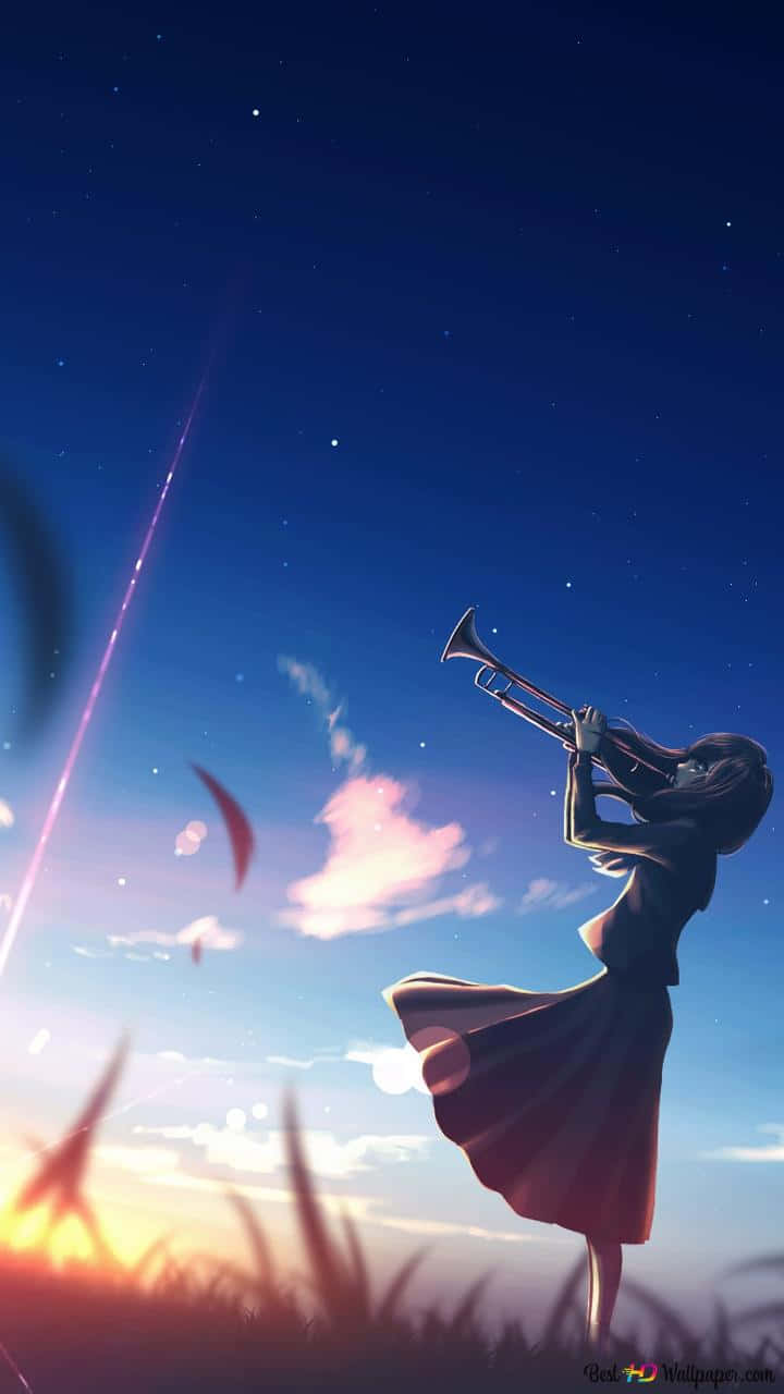 Music Anime Girl Trumpet Sunset Background