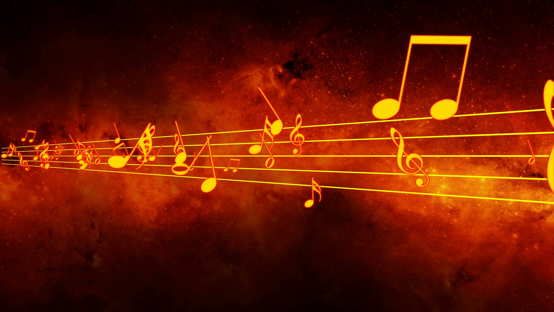 Musical Notes On Red Starry Sky Background