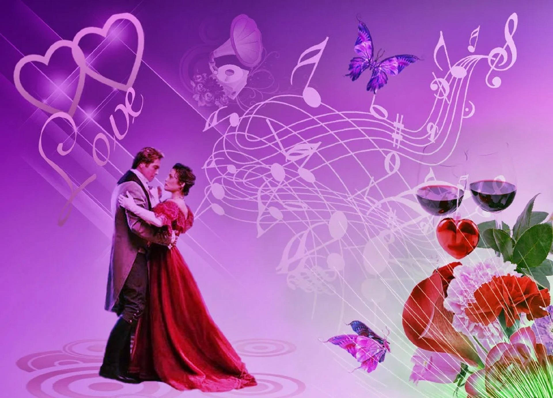 Musical Romantic Love In Purple Background