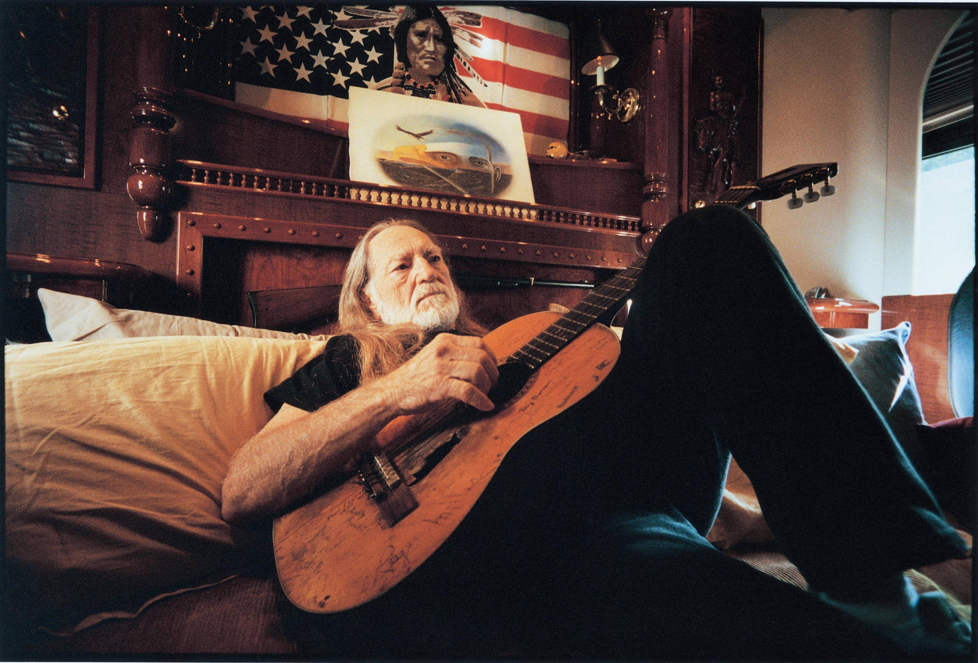 Musician Willie Nelson Guitar Composing Background