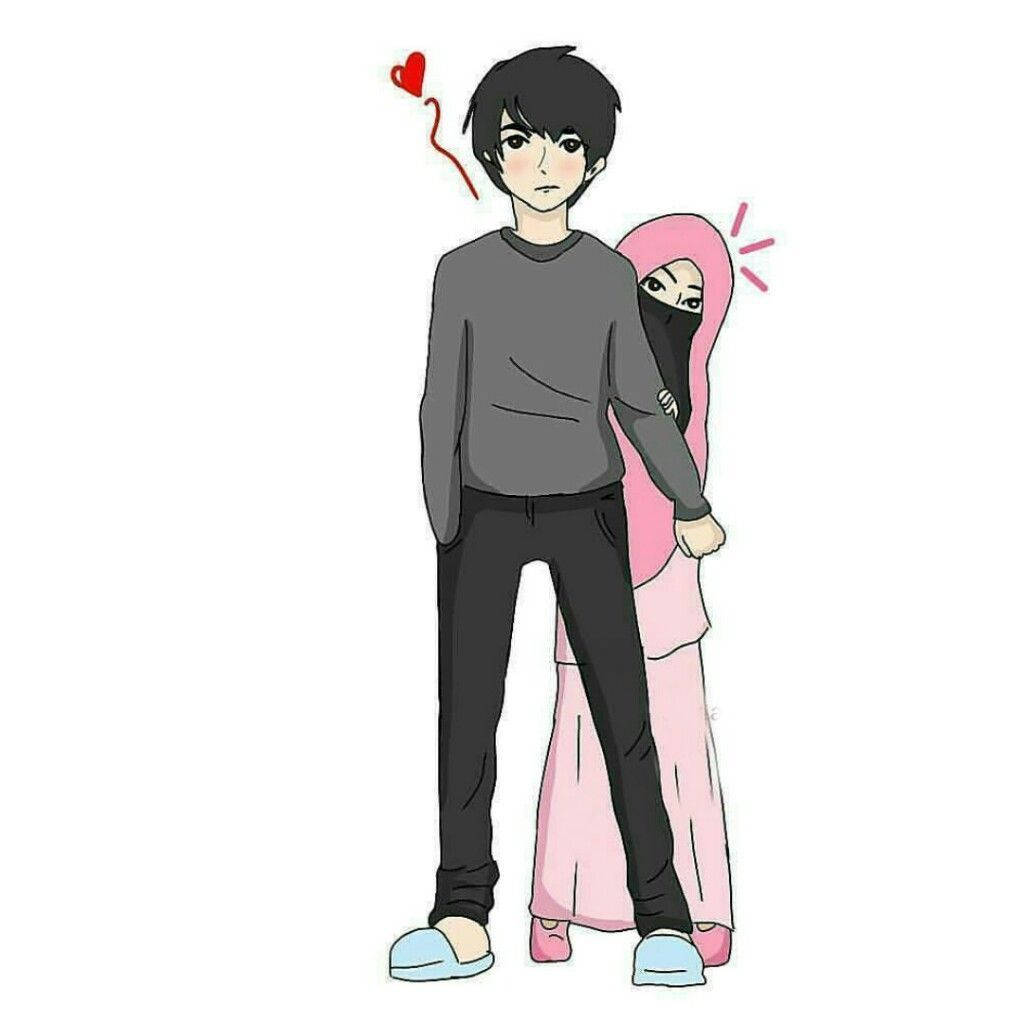 Muslim Couple Cartoon Anime Protecting Girl Background