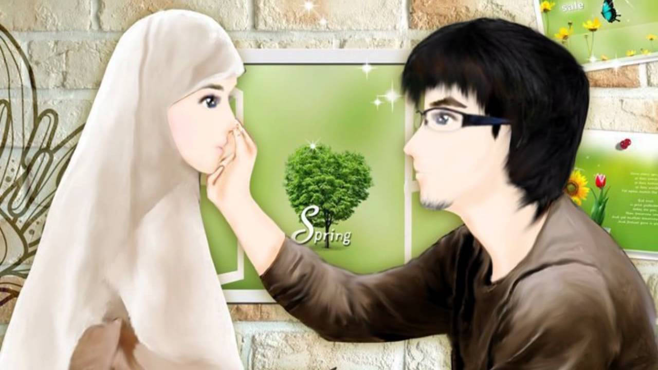 Muslim Couple Cartoon Boy Rubbing Girl's Cheek Background