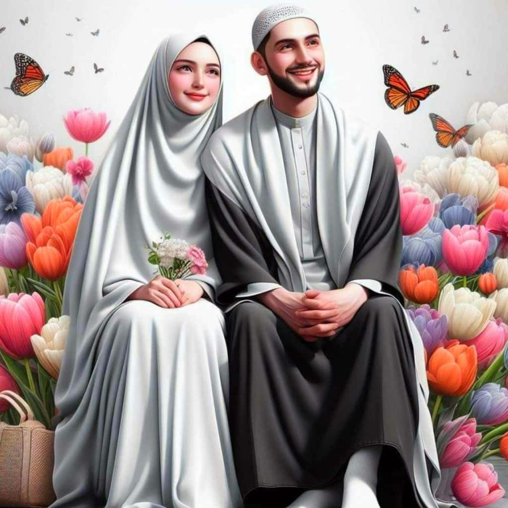 Muslim Couple Cartoon Butterflies Flowers Background