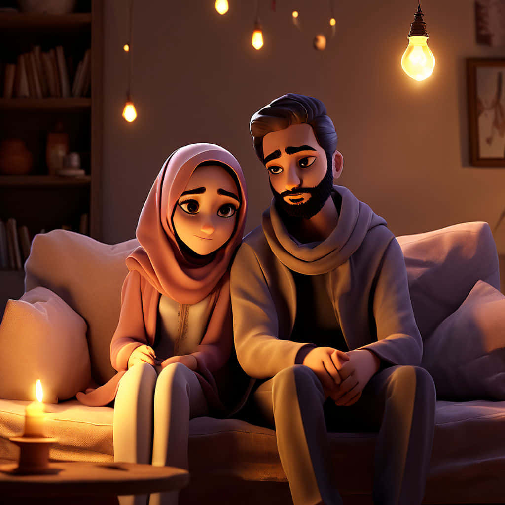 Muslim Couple Cartoon Cozy Evening