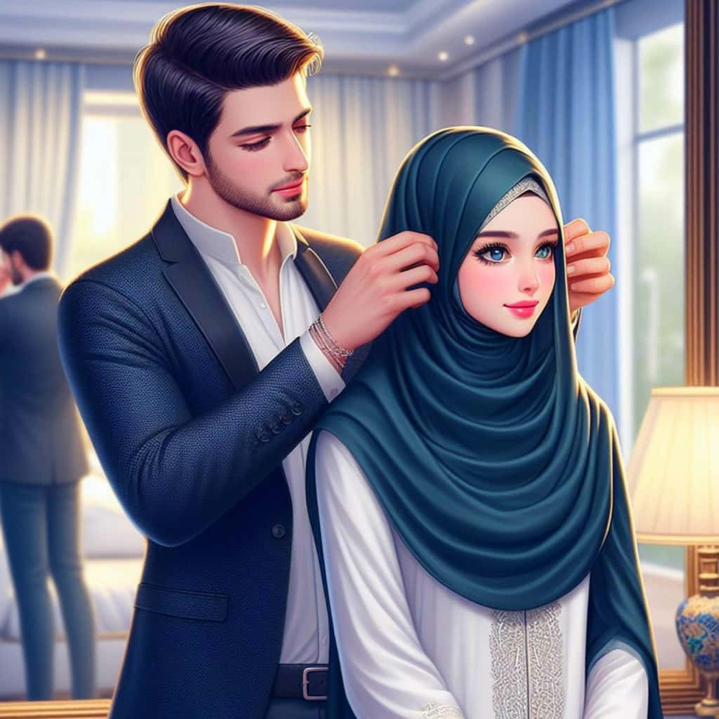 Muslim Couple Cartoon Elegance Background