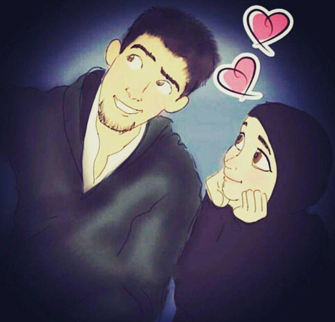 Muslim Couple Cartoon Floating Hearts Background