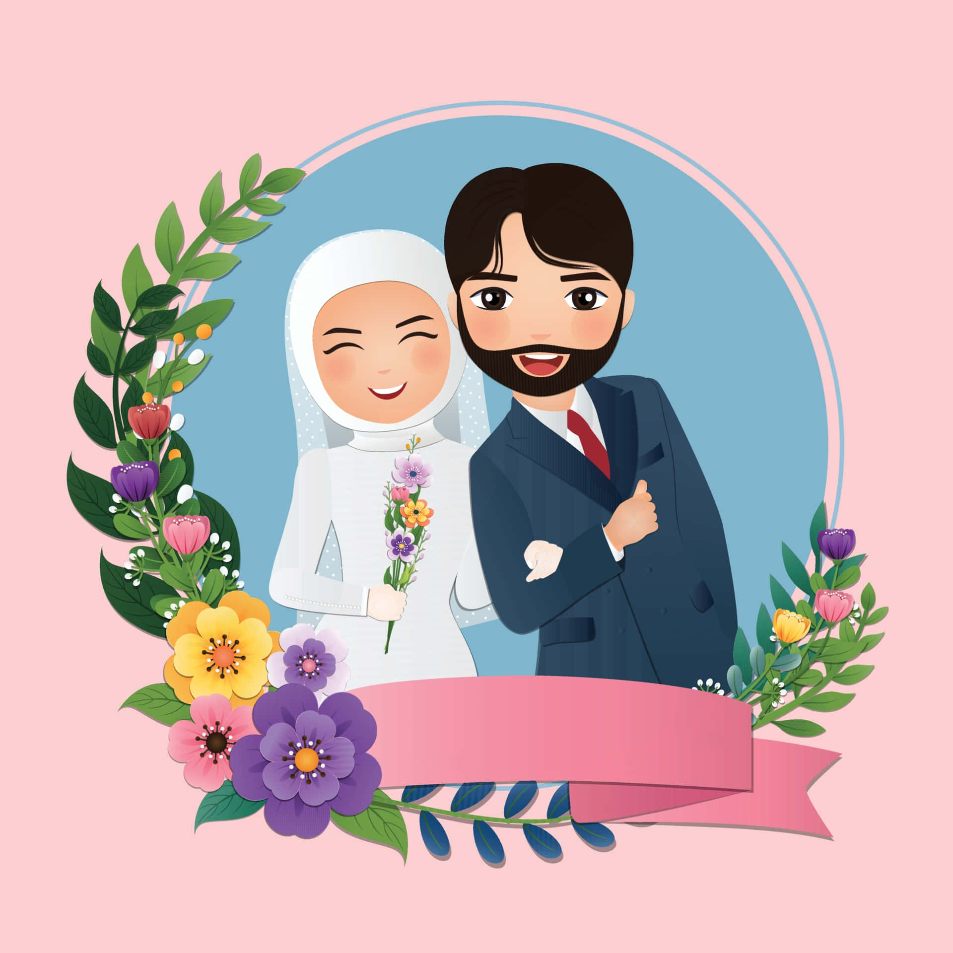 Muslim Couple Cartoon Floral Frame Background