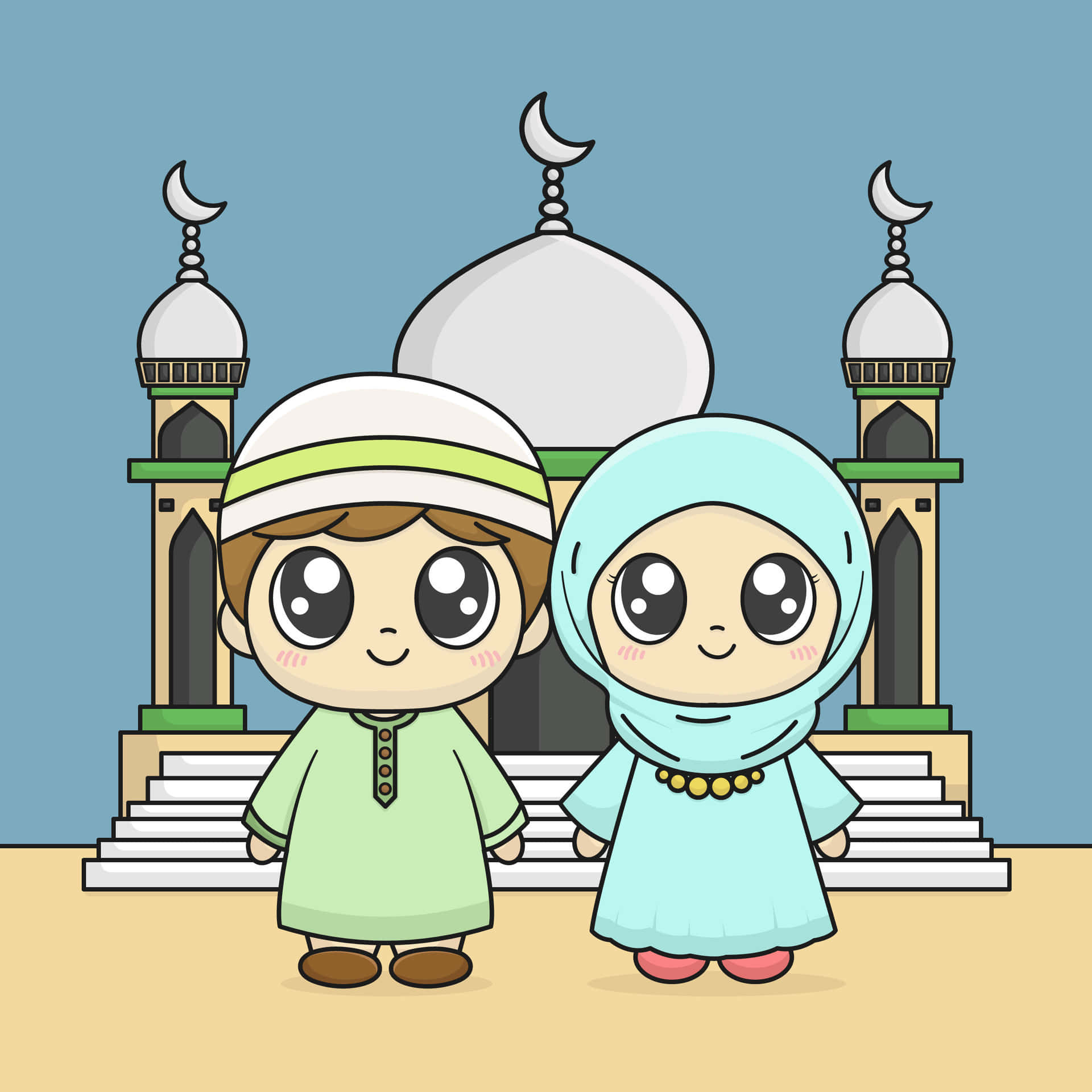 Muslim Couple Cartoon Mosque Background