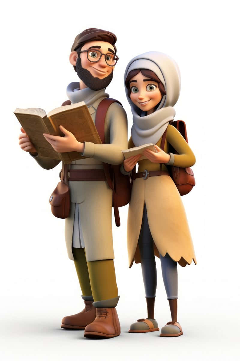 Muslim Couple Cartoon Reading Book