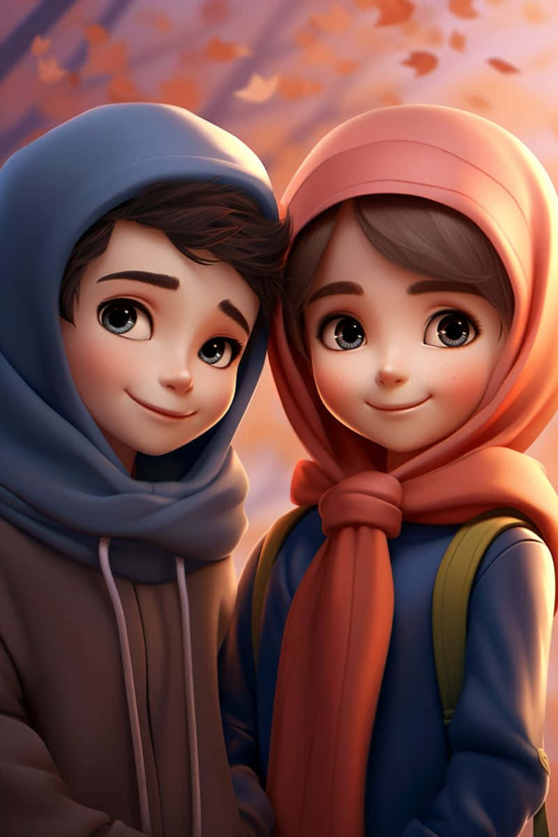 Muslim Couple Cartoon Smiling Together Background