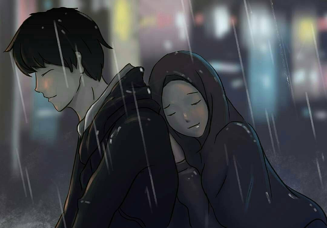 Muslim Couple Cartoon Under The Rain Background