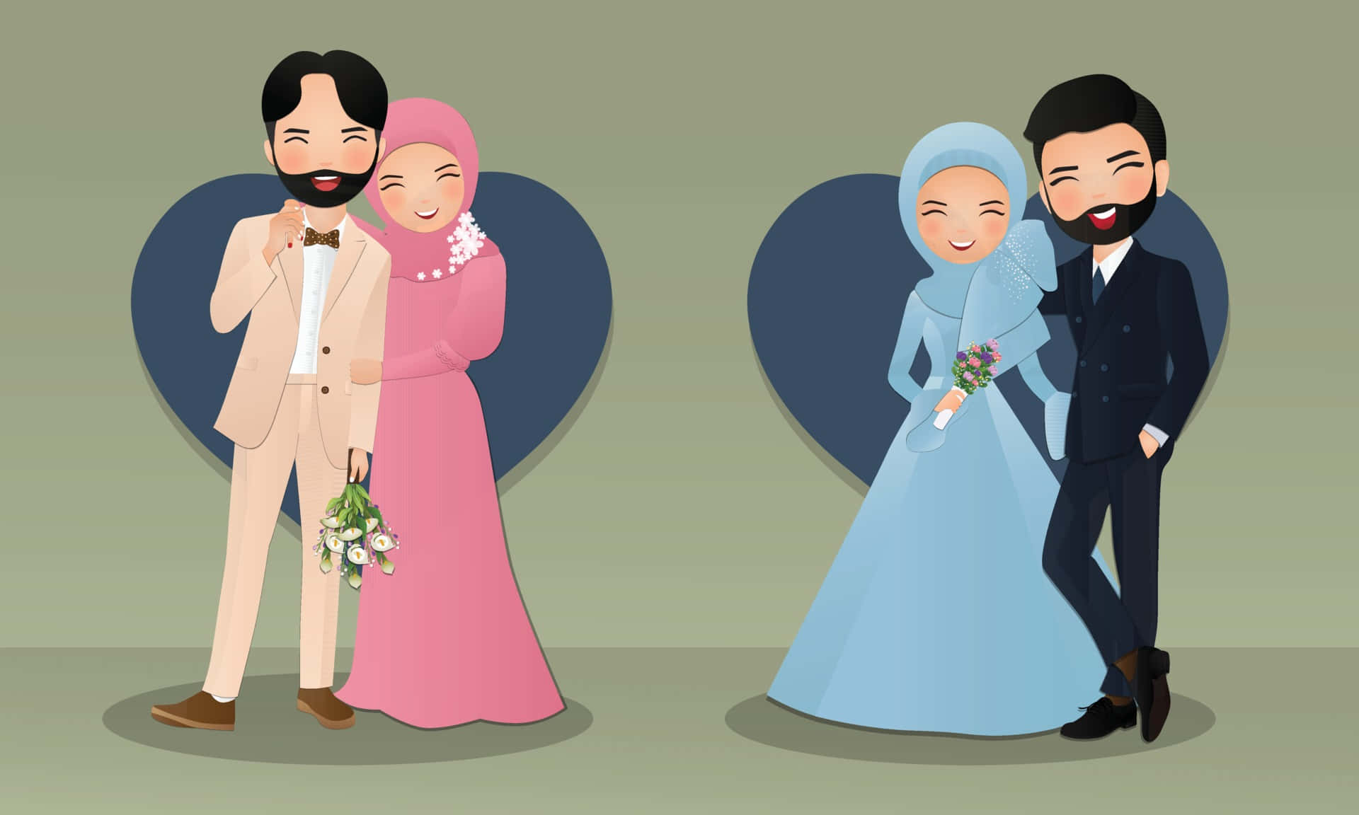 Muslim Couple Cartoon Wedding Illustration