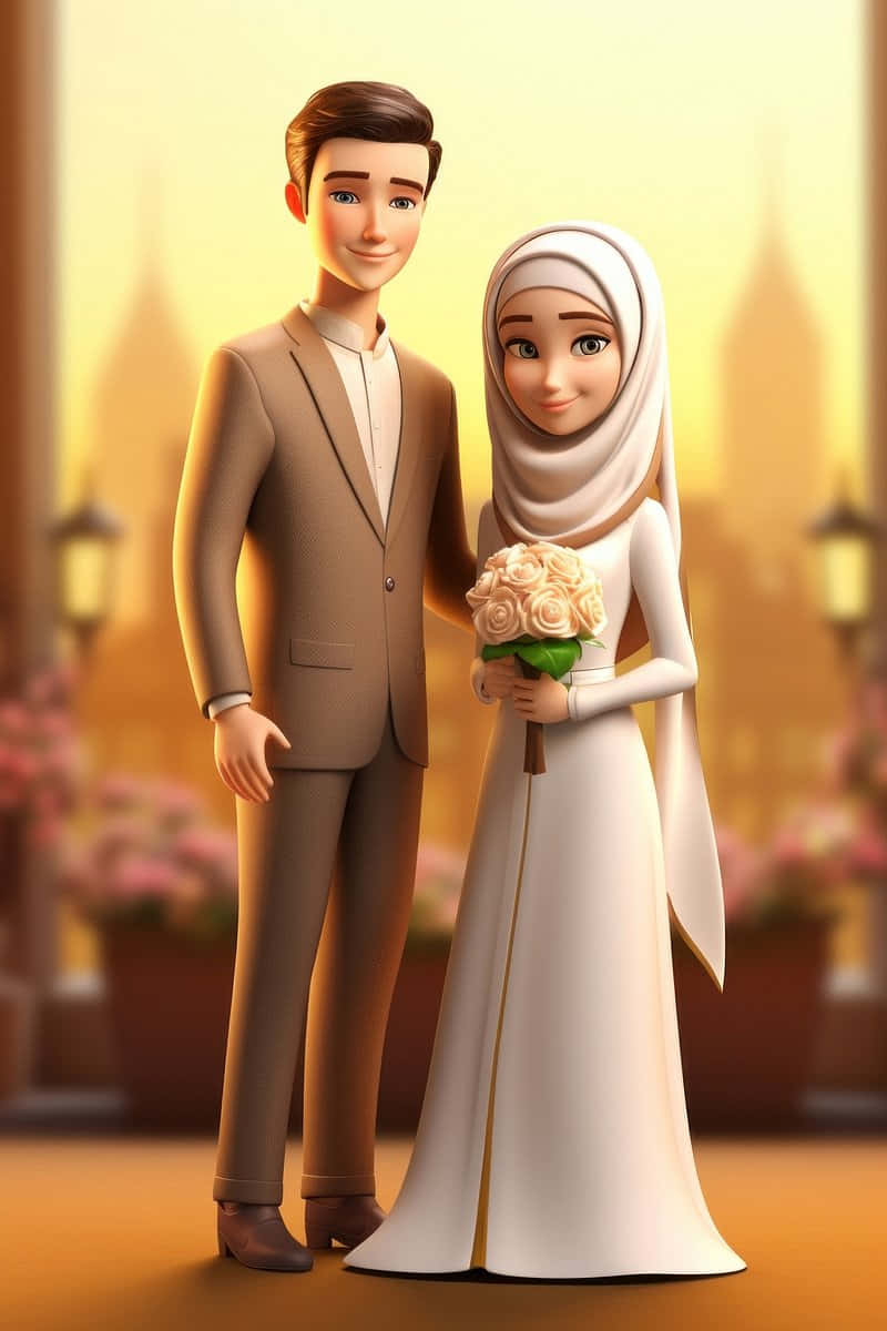 Muslim Couple Cartoon Wedding Background