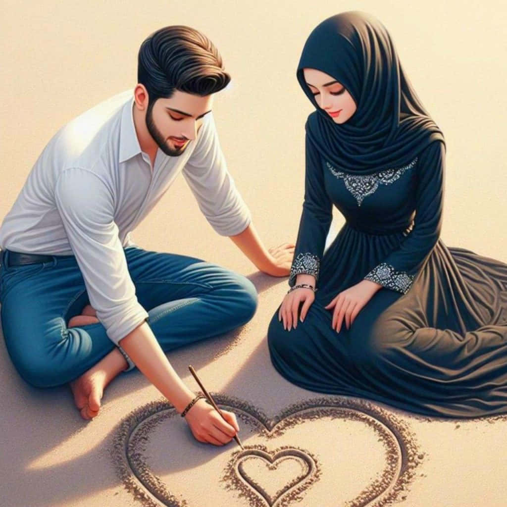 Muslim Couple Drawing Heartin Sand Background