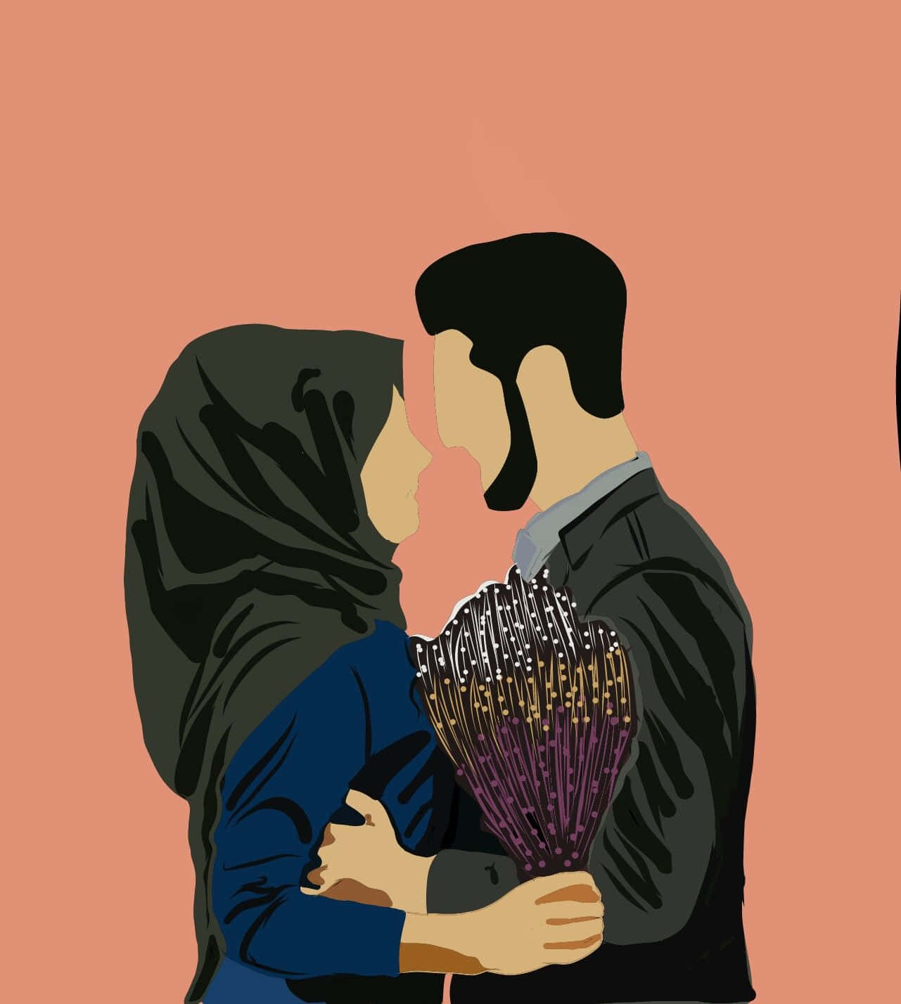 Muslim Couple Embrace Cartoon