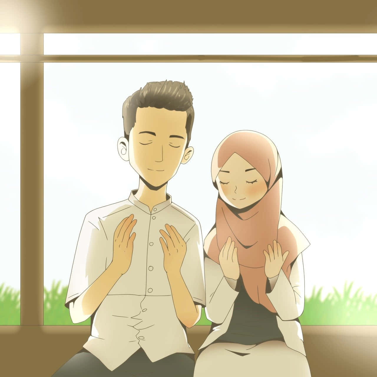 Muslim Couple Praying Cartoon Background