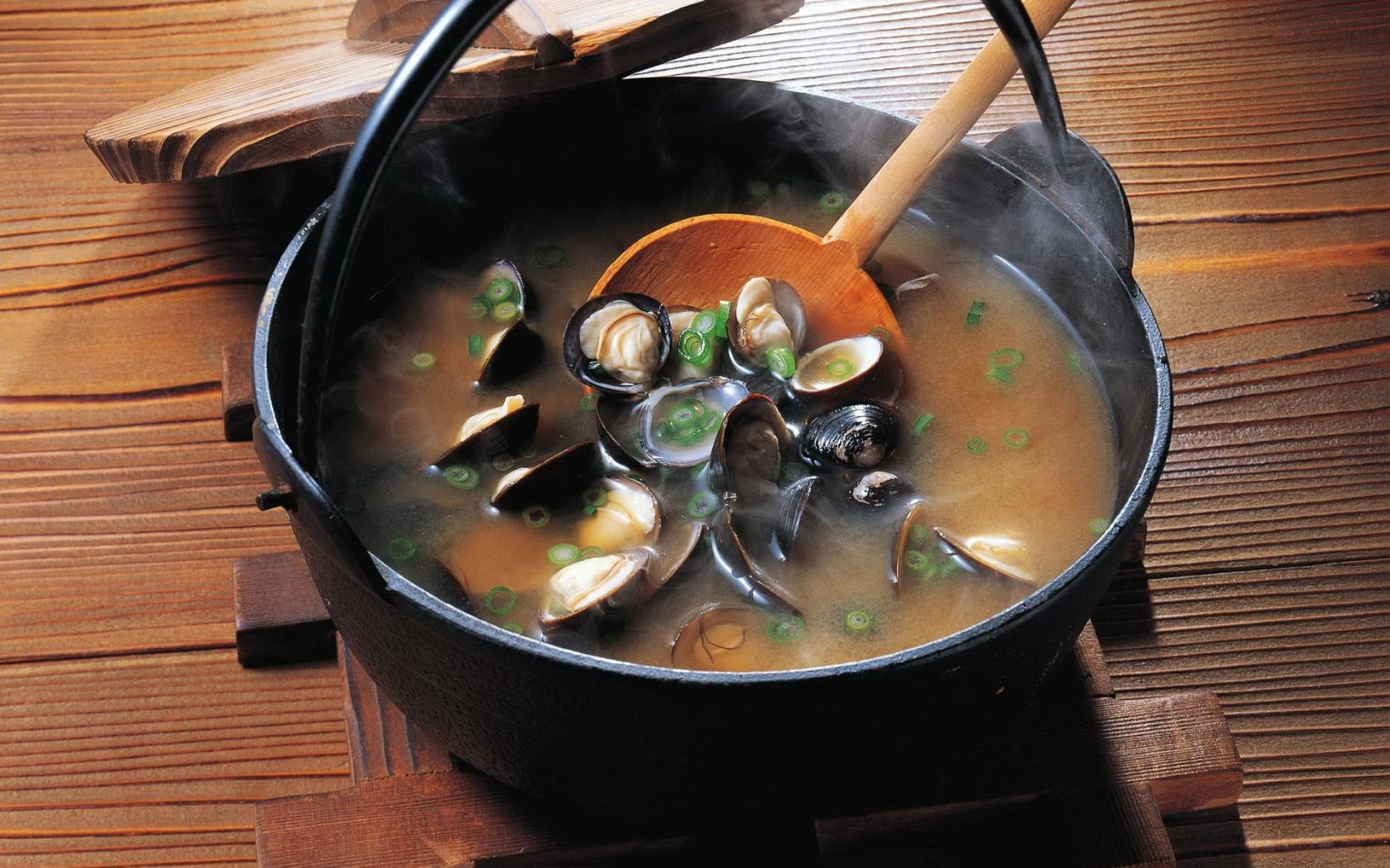 Mussel Miso Soup Dish On Casserole Background