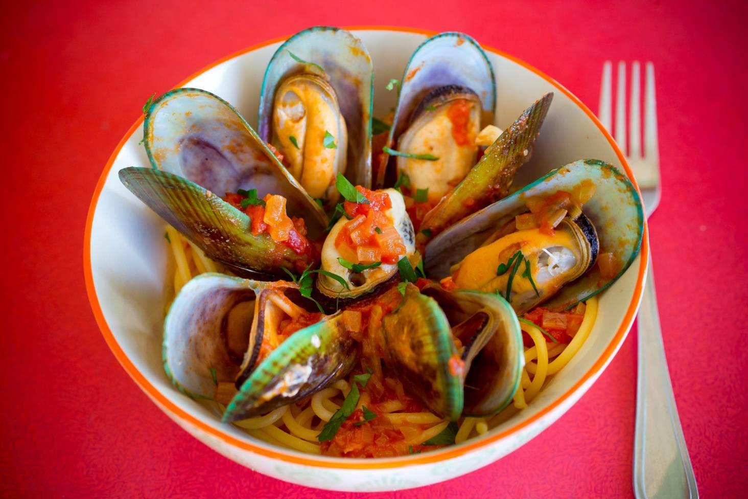 Mussels Spicy Pasta Dish On Bowl Background