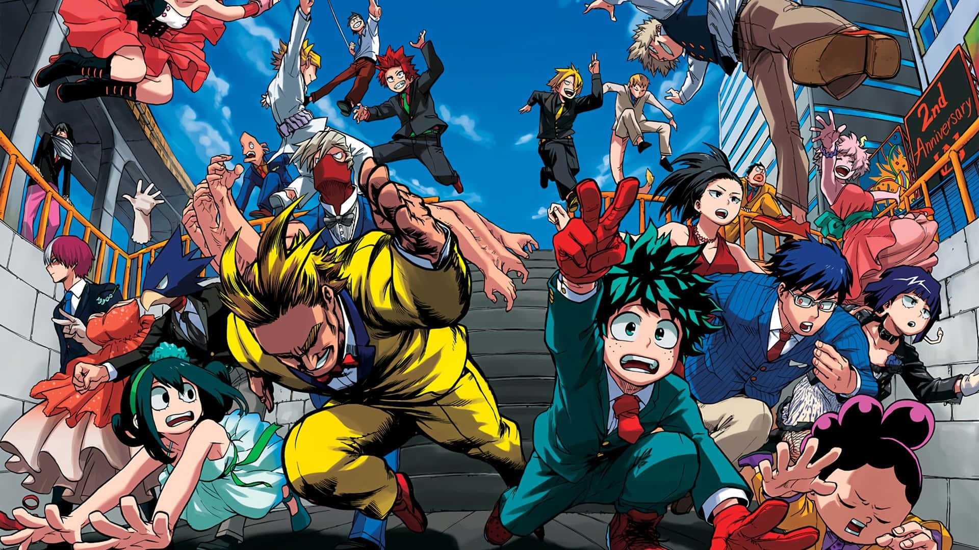 My Hero Academia Characters Rushing Down Stairs Background