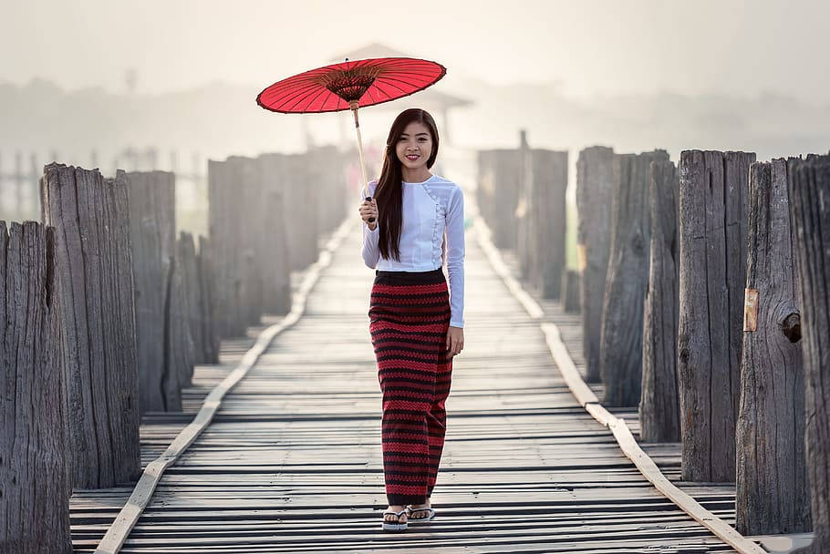 Myanmar Girl With Red Umbrella Background