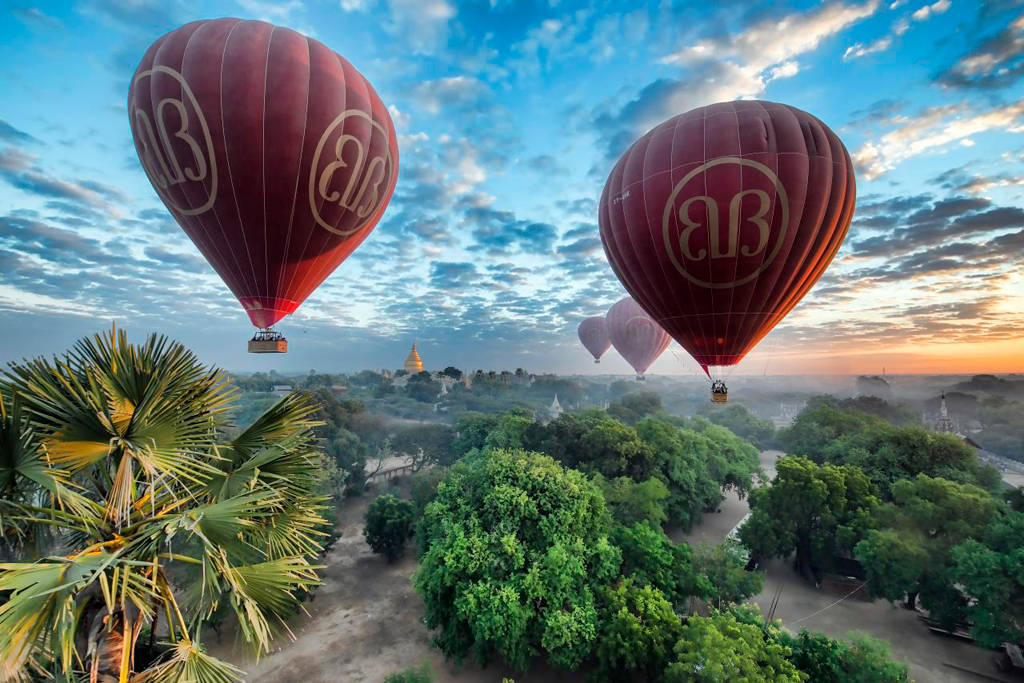 Myanmar Hot Air Balloons In Sky Background