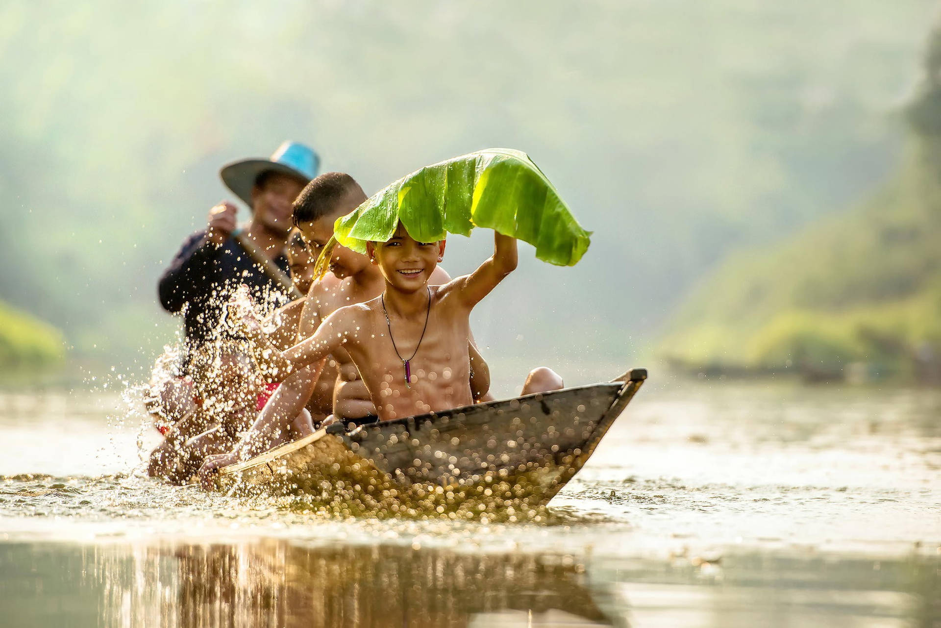 Myanmar Kids Boat Riding Background