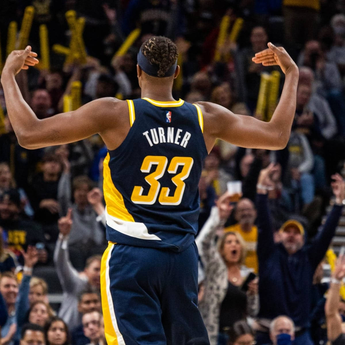 Myles Turner Hyping With Pacers Fans Background