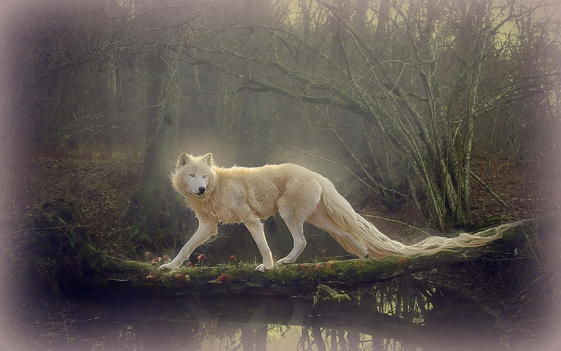 Mysterious And Beautiful Pretty Wolf In Deep Forest Background