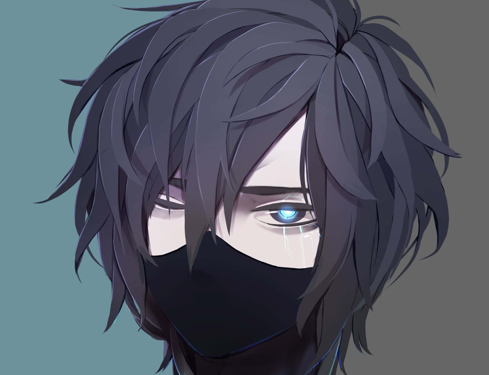 Mysterious Anime Boy Black Hair Blue Eyes Background