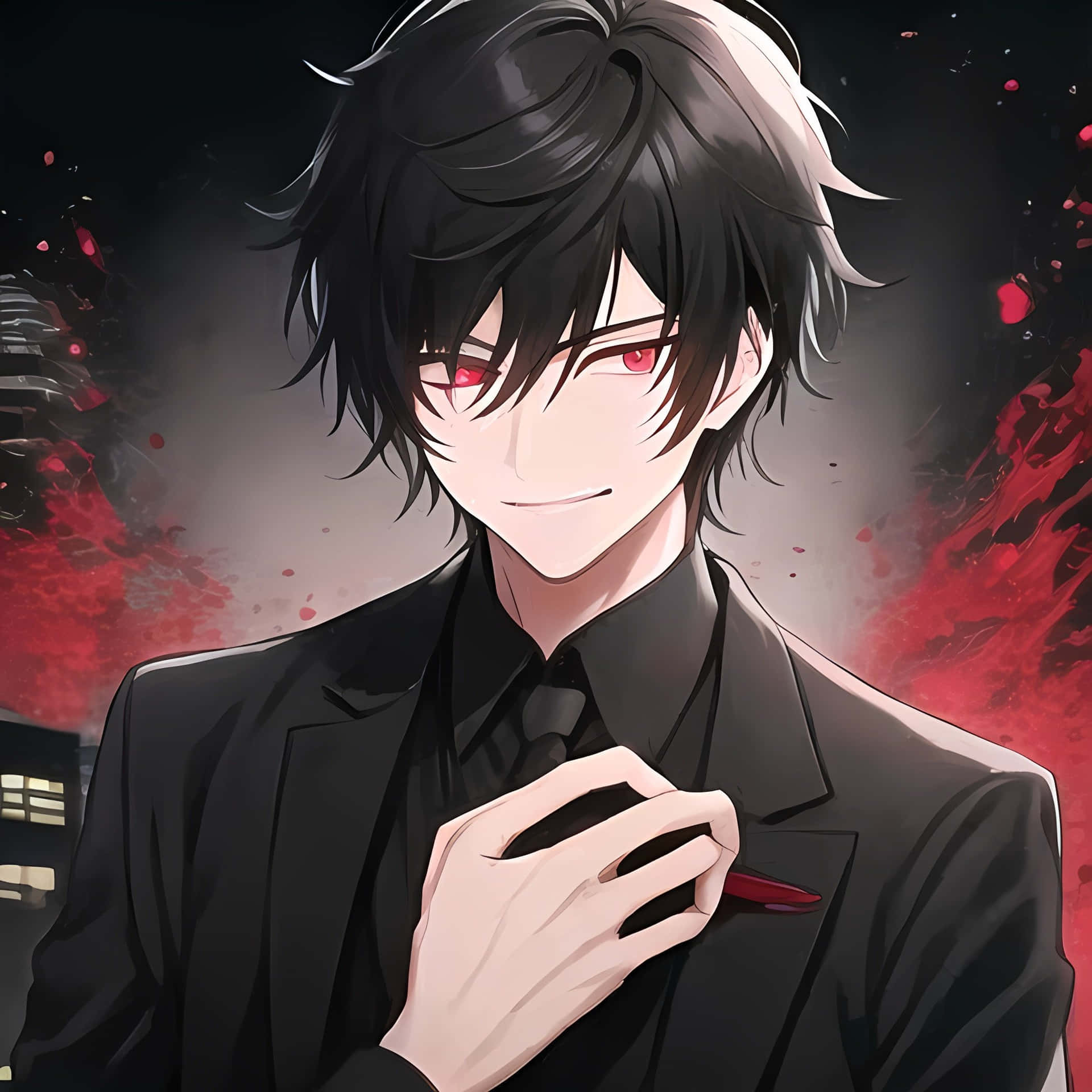 Mysterious Anime Boy Black Hair Red Eyes Background